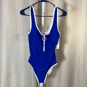 Elegant Royal Blue One-Piece Swimsuit with White Accents